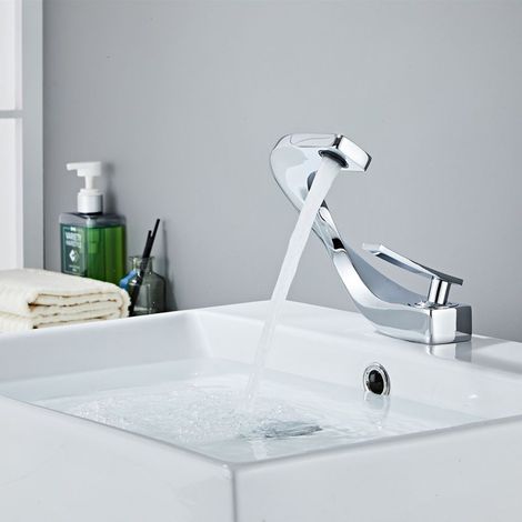Robinet de Lavabo Cascade Moderne à Une Seule Poignée, Contrôle Température/Débit, Finition Doré Résistant aux Traces de Doigts, Robinetterie pour Salle de Bain (1/5)