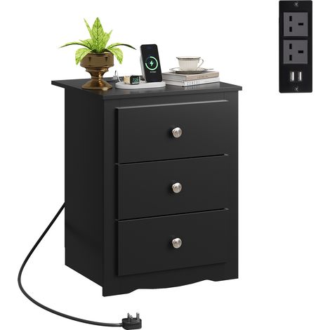 WLIVE Wooden Nightstand with 3 Drawers and USB Sockets, Black (1/5)
