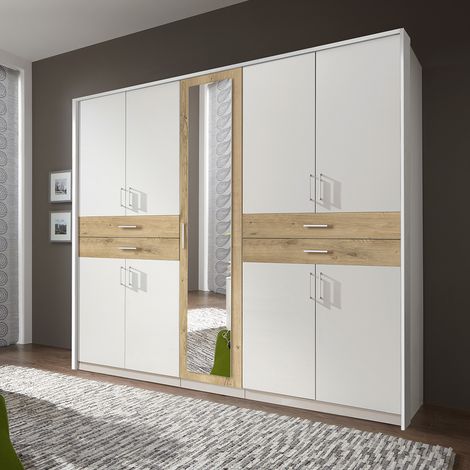 Kleiderschrank mit Passepartoutrahmen, 228 cm breit in weiß mit Plankeneiche, TREVISO-43 (1/5)