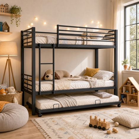 Lit superposé enfant 3 places 90x200 cm avec lit gigogne 90x190 cm sur roulettes, métal noir, échelle, garde-corps, gain de place, certifié EN 747 (1/5)