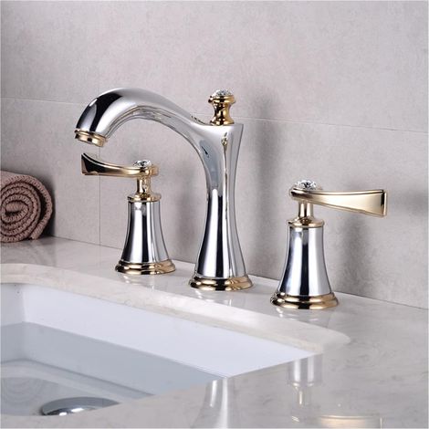 Robinets de lavabo Total Laiton Noir et doré Salle de Bain robinets de lavabo 3 Trous Double manoir à Chaud Robinet d'eau de la Cascade Chaude et Froide(Style 3) (1/5)
