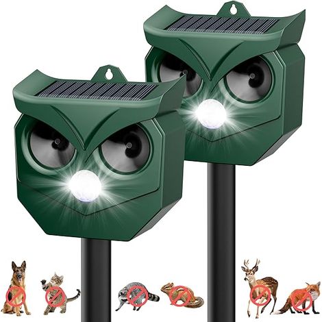 2Pack Ultrasonic Animal Repeller with LED Strobe Lights - Outdoor Solar Powered for Squirrels, Deer, Raccoons, Rabbits, Skunks, Cats, Dogs - Protects Garden, Yard, Lawn, Farm & Crops