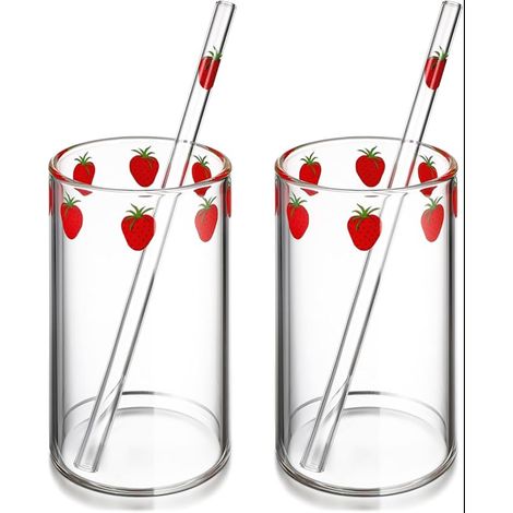 Glass Milk Cups with Strawberry Print and Reusable Straws for Drinks Home Juice Tea 4.33 x 2.56 Inches (1/5)