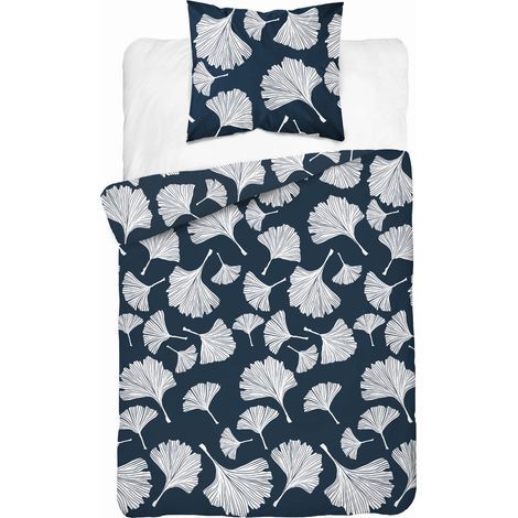 Parure de lit en coton 140x200 cm, motif fleurs et feuilles bleues (1/3)