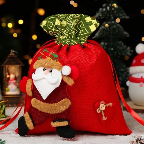 Sac Cadeau De Noël - En Tissu Avec Cordon De Fermeture - Motif Père Noël Et Bonhomme De Neige - 24 x 29,5 cm - 1 Pièce (1/5)