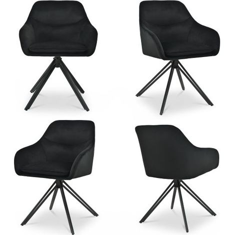 Bon Furni Terciopelo Silla de comedor Negro, Set de 4, giratoria 360°, acolchada gruesa, ergonómica con reposabrazos