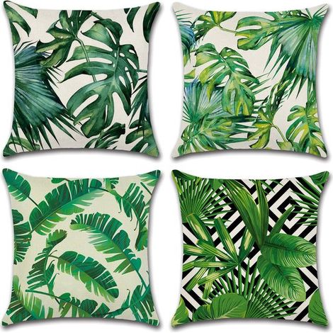 Set de 4 housses de coussin à motif végétal vert, Set de coussin respirante en coton et lin, 45 x 45 cm (1/5)