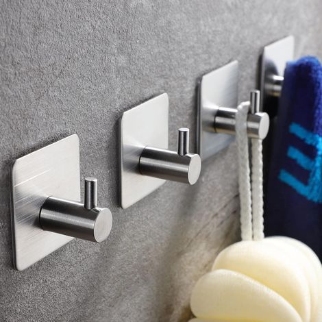 Crochet Adhésif, Crochet Adhesif Mural 3M 4 Pièces, Porte Serviette de Salle de Bains, Sans Perçage, en Acier Inox pour Cuisine, Salon et Bureau, Argent (Argenté) (1/5)