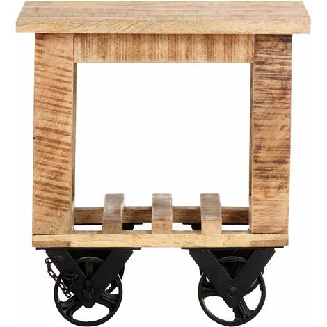 vidaXL Mesa auxiliar con ruedas madera de mango rugosa 40x40x42 cm (1/2)