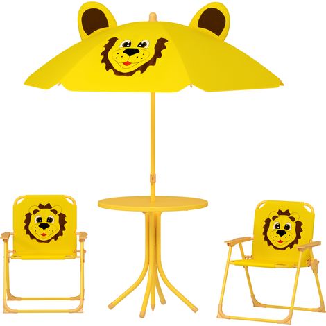 Set enfant table ronde 2 chaises pliantes parasol jaune 2-5 ans