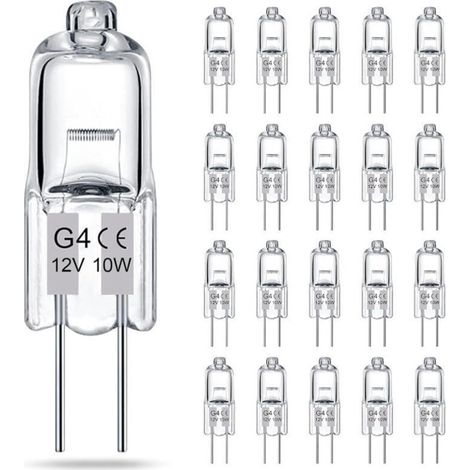 Lot de 20 ampoules halogènes transparentes G4, 12V 10W, culot à deux broches, pour lustres et éclairage d'armoire (1/5)