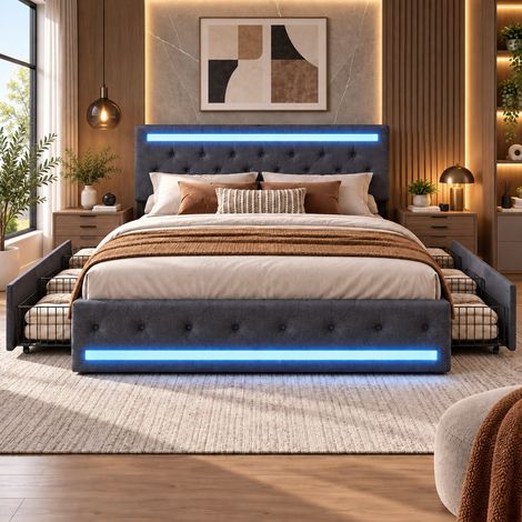 Lit 160 x 200 avec 4 tiroirs - Lit double adulte 160 x 200 - Lin - Gris foncé - Tête de lit capitonnée - LED et chargement USB - Sommier à lattes (1/5)