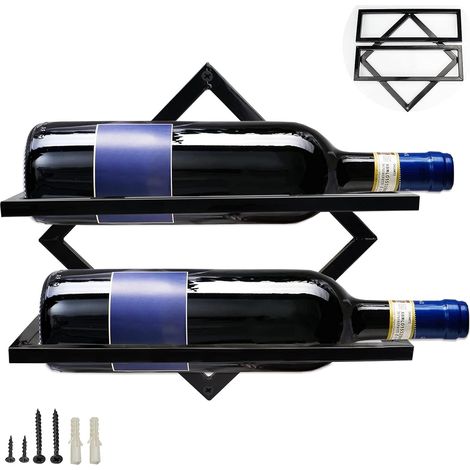 Support à Vin Mural Métal Pliable - Rangement 2 Bouteilles - Pour Cuisine Bar Cave - Noir (1/5)