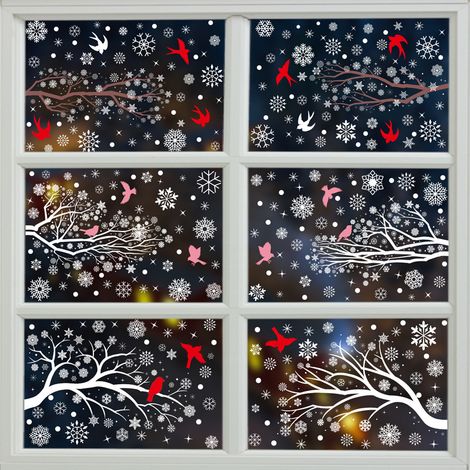 Autocollants pour fenêtre flocons de neige blancs et branches d'arbre, autocollants scène de forêt enneigée avec colibris, décorations de Noël hivernales, décorations de fenêtre statiques, anti-collis