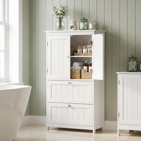 Meuble de salle de bain à 2 tiroirs, autoportant, avec étagère réglable et portes à lattes, blanc (1/5)