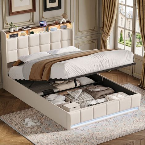 Lit 160x200cm avec Ports USB et Lumière LED, Lit Coffre Capitonné avec Sommier à Lattes et Rangement Hydraulique, Tête avec Compartiment de Rangement, Tissu en Lin, Beige (1/5)