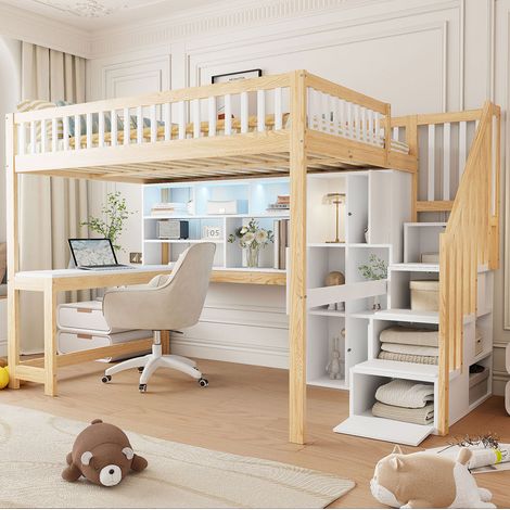 Lit mezzanine 140/200 cm blanc et naturel en bois de pin avec bureau, étagères et échelle de rangement (1/5)
