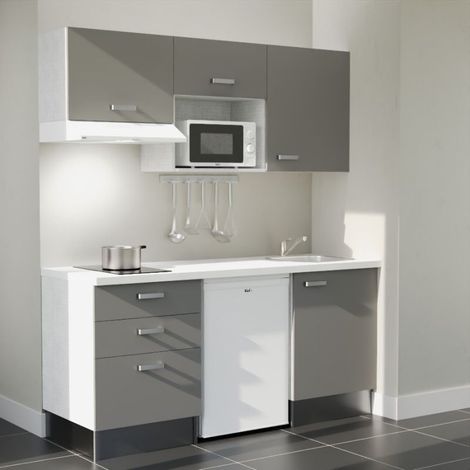 Kitchenette K20L-PT - 180 cm avec plan de travail et évier - Façade Gris - Plan Blanc - Crédences Non