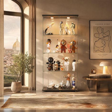 Vetrinetta in Vetro,Vetrinetta Espositiva LED RGB a 7colori,Vetrina Soggiorno Moderna con 4 Ripiani in Vetro con 2Porta e Serratura,Vetrine per Collezionismo,164x80.5×36.5cm,Vetro Specchio,Nero