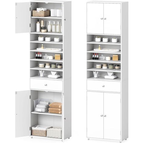 COSTWAY Armoire Haute Salle de Bain, Meuble Colonne de Salle de Bain avec Tiroir et Étagères Réglables, Armoire de Rangement à 4 Portes, pour Salon, Cuisine, 24 x 50 x 180 cm, Blanc (1/5)