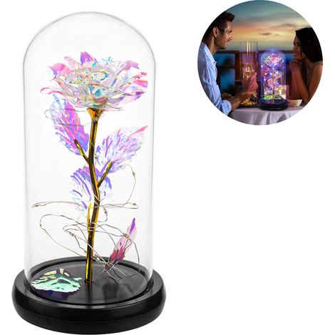 Lampe Rose Enchantée, feuille de soie rose dorée et guirlande lumineuse LED sur dôme en verre, socle en bois, cadeau romantique pour anniversaire, mariage ou Saint-Valentin (1/5)