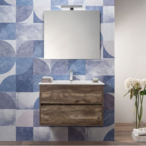 Mobile Bagno Sospeso Effetto Legno Grezzo 100 Cm 2 Cassetti Lavabo e Specchio (1/5)