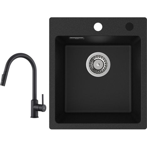 Cecipa Evier Quartz Noir 40x45cm Evier de Cuisine en Granit Evier à Encastrer 1 Vasque + Mitigeur de Cuisine avec Douchette Extractible Rotatif à 360 ° Noir (1/5)