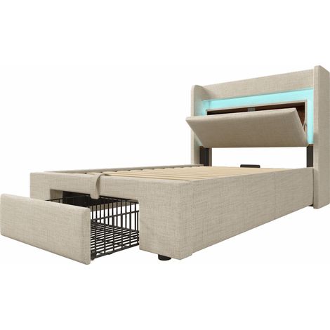 Cama arcón 90x200 de lino beige con cabecero con almacenaje, LED, USB/USB-C, sin colchón HOMVRA (1/5)
