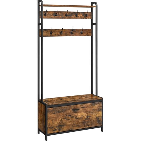 Mobile da ingresso con panca 9 ganci e ripiano 30 x 85 x 180 cm appendiabiti guardaroba per corridoio camera da letto stile industriale marrone rustico e nero 120006386