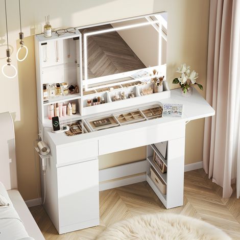 Coiffeuse moderne multifonction LED 93x40x140cm Table de maquillage avec Miroir 2 Tiroirs 1 Placard Compartiments rangement Support Bijoux Table pliable (1/5)