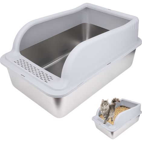 Lettiera in metallo con coperchio removibile - Lettiera in acciaio inox antiodore per gatti di grossa taglia 60x40x30cm con kit completo (1/4)