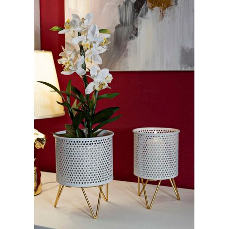 Dmora - Oggettistica Mormorolo, Complemento d'arredo, Articolo decorativo, Accessorio d'arredo, 16x16 h20 cm, Bianco e Oro