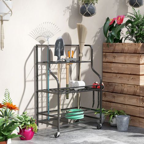 Organisateur d'outils de jardin, support à outils de jardin avec 54 emplacements et 5 crochets en acier sur roulettes, 3 niveaux, noir (1/5)