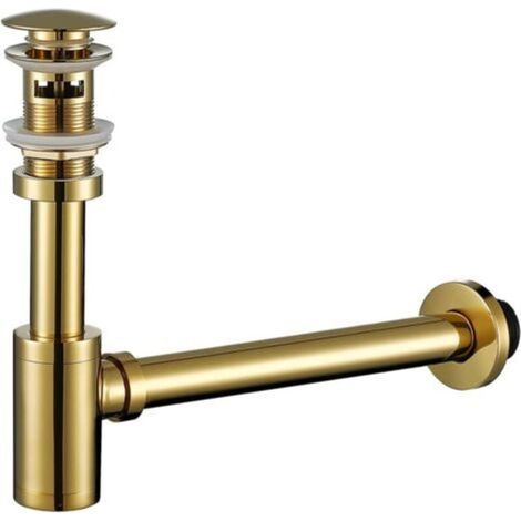 Siphon de lavabo de salle de bain rond en laiton en forme de P de 1,5 pouce avec trop-plein et bouchon de vidange escamotable Hauteur réglable pour siphon de lavabo Kit d'assemblage de tuyau de vidang (1/4)