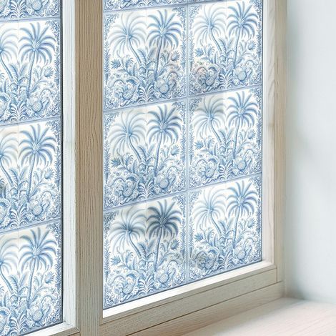 Sichtschutzfolie 100x116 cm Dekorfolie Blickdicht Folie für Schlafzimmer Sichtschutz Fenster Milchglas Dekorativ Selbstklebend Tropische Landschaft