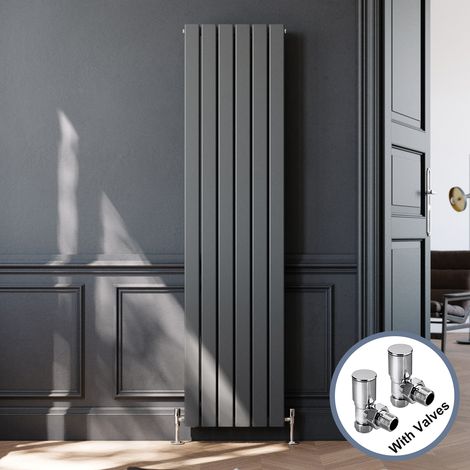 ELEGANT Vertical Flat Column Designer Radiator Wall/Floor Mounted Central Heating Rad 1800x452mm Anthracite Flat Double Panel Radiator + Modern Angled Radiator Valve