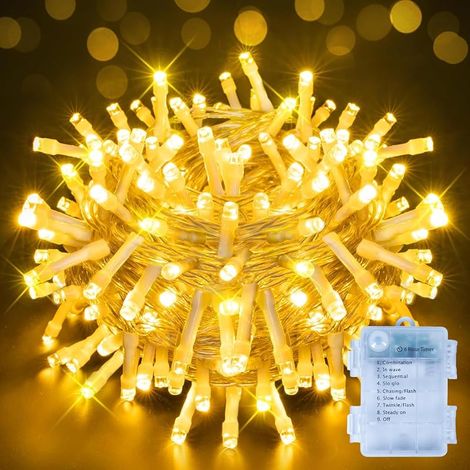 Guirlande Lumineuse Pile, 12m 150 LED Intérieur Extérieur avec et Minuterie, 8 Modes, IP44 Étanche, Guirlande Lumineuse Sapin pour Décoration Jardin, Noël, Maison, Mariage, Blanc Chaud (1/5)