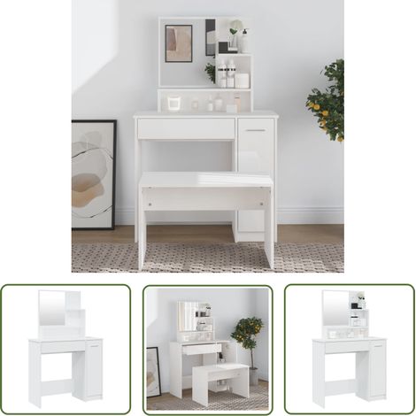 The Living Store Schminktisch mit Spiegel Hochglanz-Weiß 86,5x35x136 cm - Schminktisch - Kosmetikschrank - Badezimmermöbel - Spiegelschrank - Weißer Schminktisch (1/5)