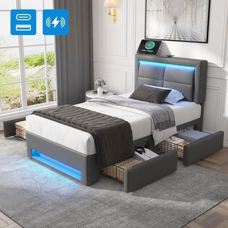 Lit Coffre 90x190 cm avec 4 Tiroirs - Lit Rembourré - PU Gris, Éclairage LED, Port USB, Charge Sans Fil, Sommier Inclus (1/5)