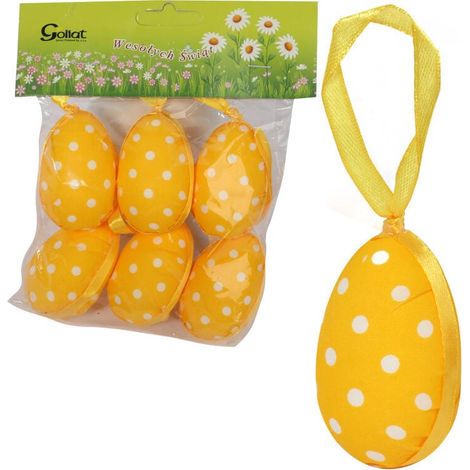 Set di 6 ciondoli a forma di uova a pois, 6 cm, colore giallo. (1/2)