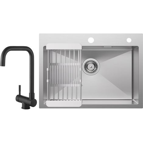 Cecipa Lavello da cucina 1 vasca 60×45×18 cm Lavello da cucina in acciaio inox 304 spazzolato con cestello di scarico + rubinetto da cucina pieghevole Miscelatore pieghevole sotto finestra Nero (1/5)