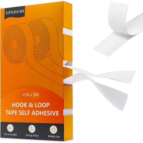 30mm x 5m Scratch Autocollant Double Face, Puissant Shearable Adhésif Hook loop Bande Agrippantes, Autocollantes Crochets Et Boucles Ruban pour Ménage/Couture/Bricolage/Tapis - Blanc (1/5)