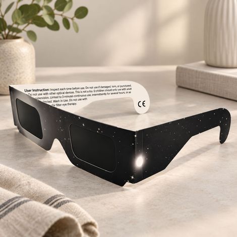 Lunettes d'éclipse solaire par lot de 100 - Protection certifiée ISO 12312-2, filtre polymère métallisé haute technologie, vision jaune-orangé, style ciel étoilé noir (1/5)