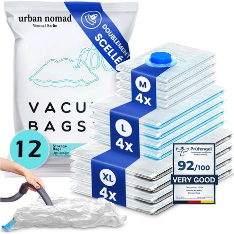 Sac sous Vide Vetement Aspirateur Lot de 12 - Sacs Compression XL, L, M 80% l'espace de Stockage Supplémentaire, Housse Rangement Voyage Couette Penderie Manteau (1/5)