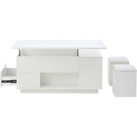 Tavolino da caffè sollevabile 100x50x45 cm con LED, 2 cassetti e 2 sgabelli, bianco (1/5)