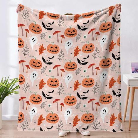 Halloween Couverture en Flanelle, Chauve-Souris Citrouilles Tête de Mort Flanelle Couvertures Moelleuse Araignées Webs Couverture Douillette pour Canapé 100x150cm (1/5)