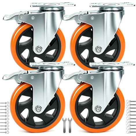 Pivotante avec Frein 125 mm, 4 Roulettes pour Meubles Roulettes Charge Lourde Roue Plaques Industrielles Transport, Max 800KG (32 Vis Incluses) (1/3)