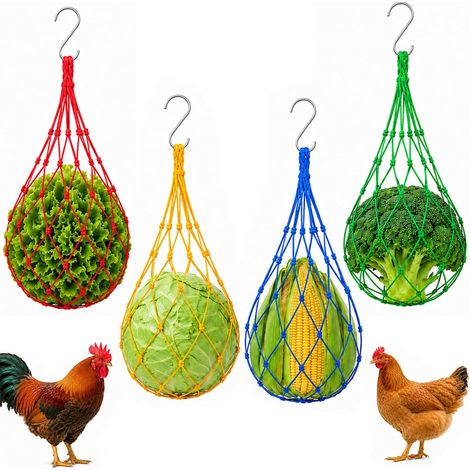 Filet à Suspendre pour Élevage Avicole, 4 Pièces Filet Poule, Sac Réseau Alimentaire avec Crochets S en Rouge Jaune Bleu Vert, pour Volailles Perroquets (1/5)