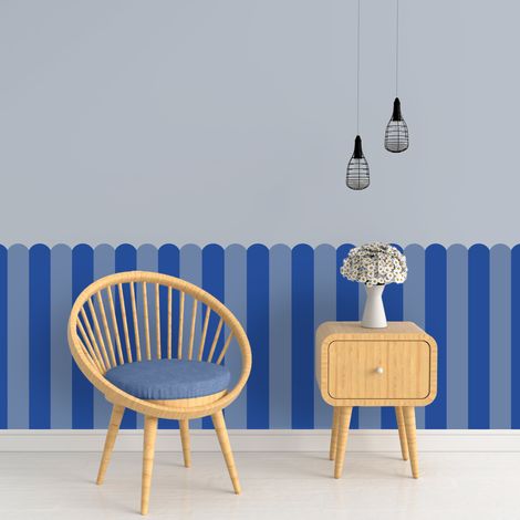 Papier peint découpé préencollé, soubassement, festonné, rayures, bleu foncé, bleu électrique, festons, raccordable, 83 cm X 195 cm (1/5)