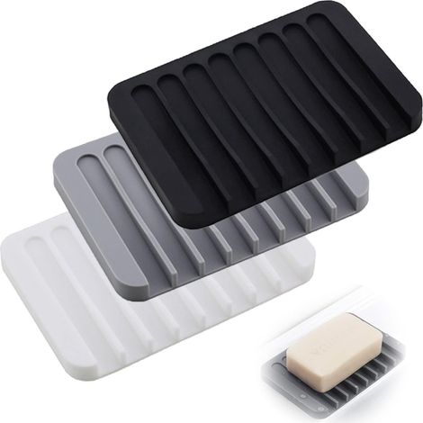 QAZQA 3 pcs Porte-Savon en Silicone BoîTe à Savon Gel De Siliceporte-Savon BoîTe de Vidange De Savon，pour Cuisine,Salle de Douche,Lavabo,Gardez Le Savon Au Sec (Noir/Blanc/Gris Clair)